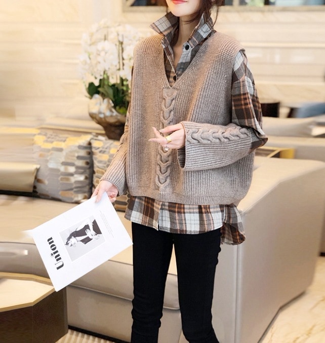 セットアップ デート モテアイテム シャツ ベスト レイヤード 長袖 Vネック ケーブルニット 編み込み ニット ウール 可愛い きれいめ 上品 おしゃれ かっこいい 可愛い ラブリー