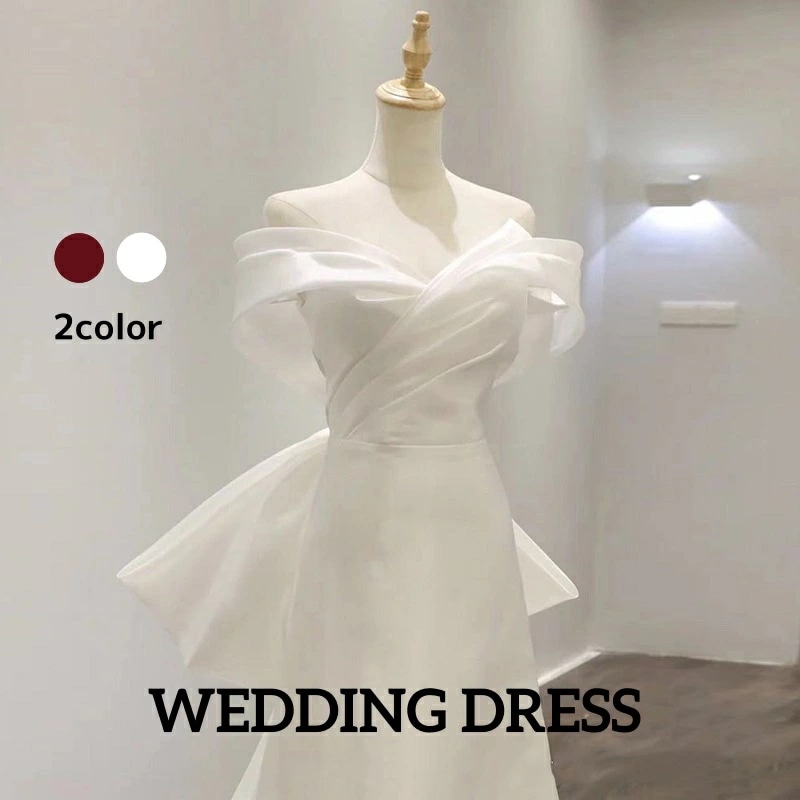 新品更新 花嫁ドレス ウェディングドレス 結婚式 宴会 パーティー 無地 高級感 上品 きれいめ ロングドレス ２色 オフショルダー フランス風 リボン 着痩せ 撮影 前撮り 後撮り 礼服 トレーン