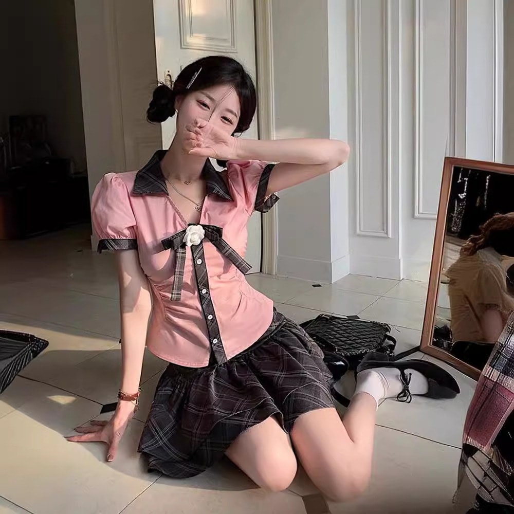 女子高生JK制服セットセクシーな半袖シャツ女性の夏小柄ふくらみのあるスカートツーピースセット