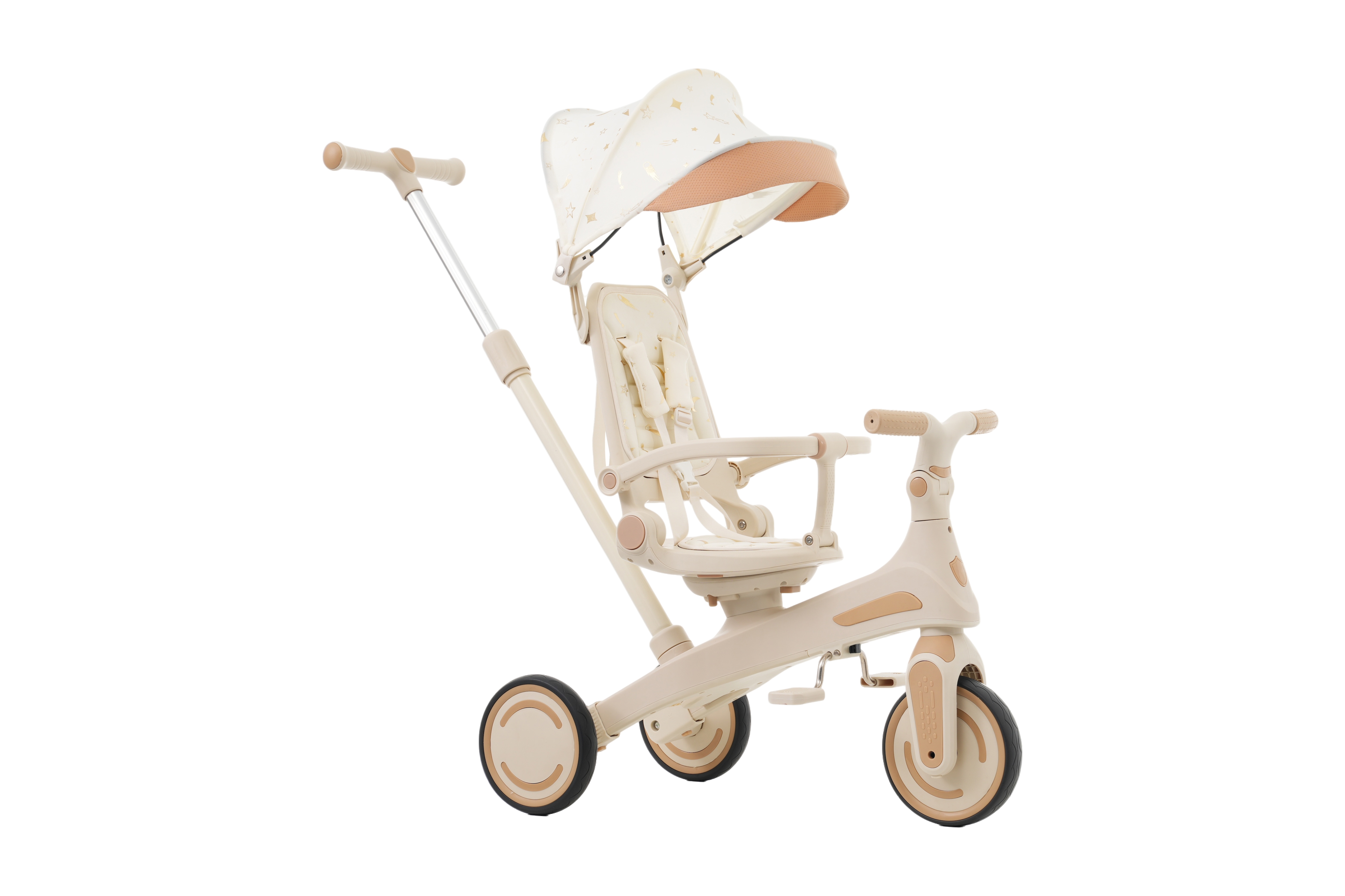 三輪車 高級 子供用三輪車（ベージュ×ブラウン） 三輪車のりもの サンシェード付き 安全バー付き シートベルト付き コントロールバー付き