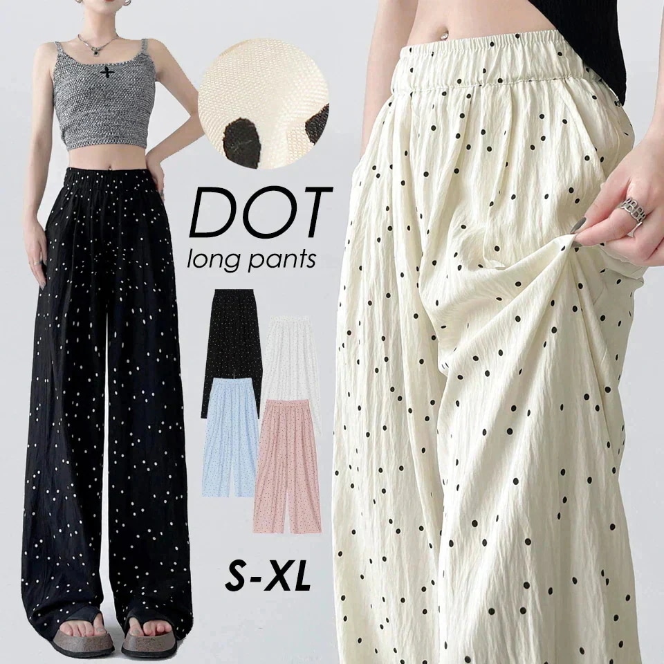 点セット急速出荷の新作2枚購入で100FF ワイドパンツ レディース ドット柄 ひんやり 冷感 涼しい 薄手 ロングパンツ ゆったり 可愛い ボトムス 長ズボン カジュア