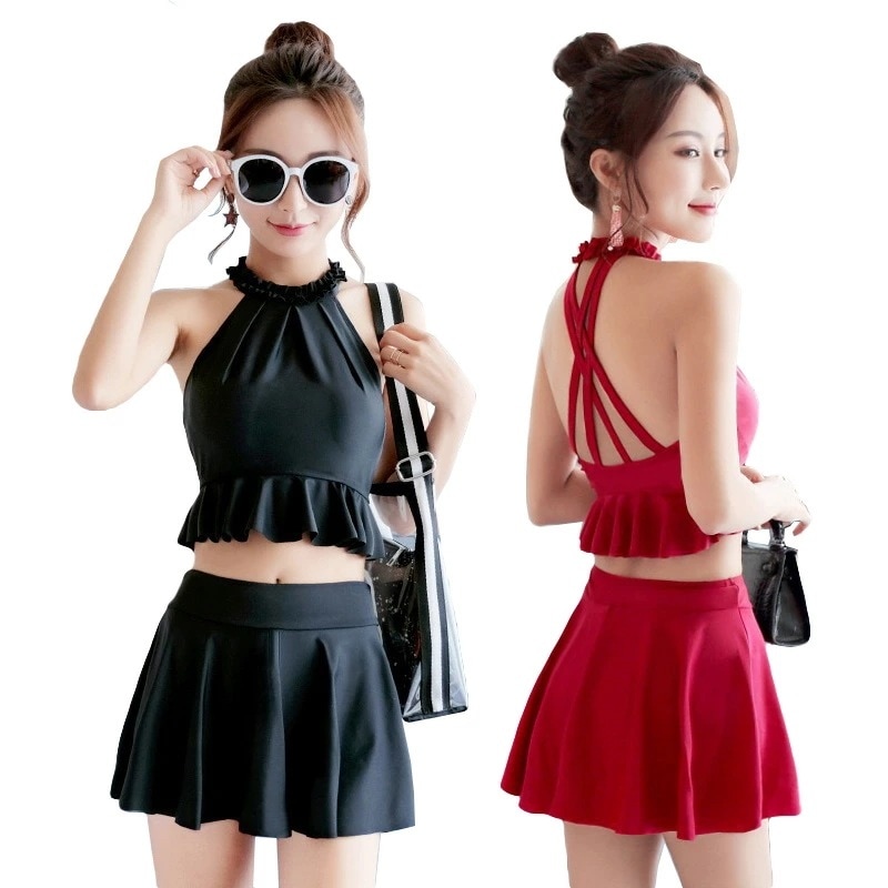 レディース 水着 高校生 セパレート スカート 2点セット ック ビキニ 水着 タンキニ セクシー きれい 細身 韓国風 体型カバー パッド付き ワイヤービキニ ビーチウエア 黒 赤 レッド