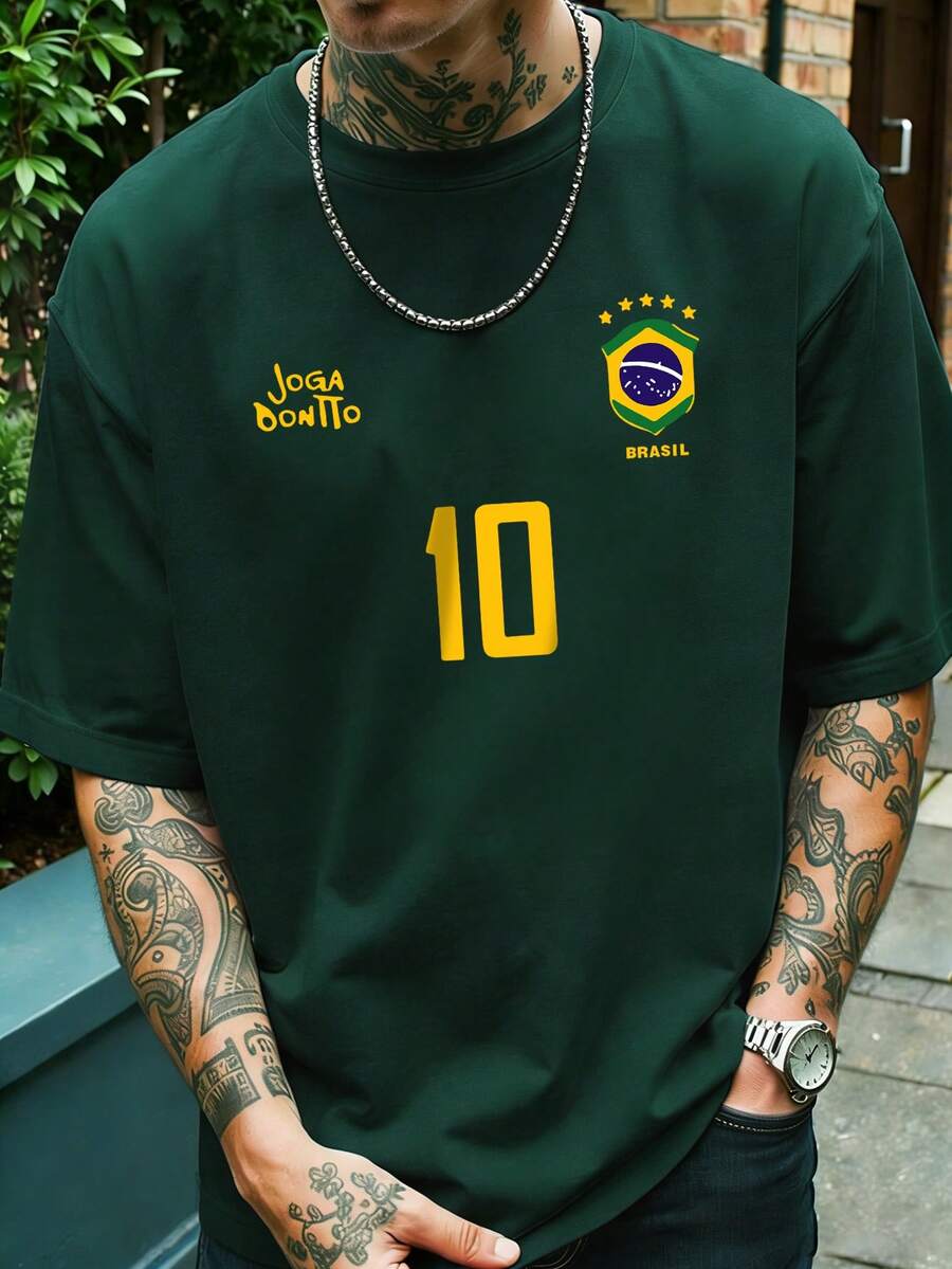 メンズグラフィックTシャツレトロブラジルサッカーユニフォーム - 伝説の10番カジュアルサッカーシャツ通気性のあるニット生地レギュラーフィットラウンドネックデザイン
