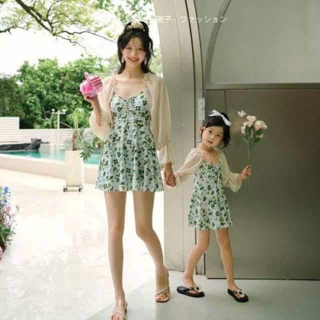 女の子水着 親子ペアルック 体型カバー 親子コーデ 緑色 子供水着 夏 ビーチ 海 温泉 UVカット ママ水着 レディース水着 プール 水泳 夏新品 キッズ水着 母親 girl 花柄