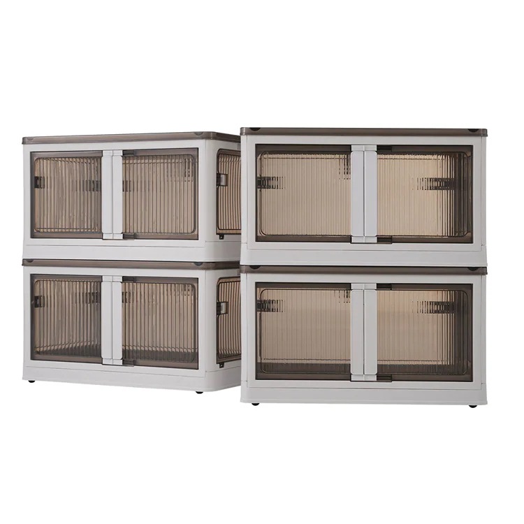 収納ボックス 収納ケース 折りたたみ 4個セット （クリア+ホワイト） ５面開き 積み重ね 蓋付き 扉付き 組み立て簡単 省スペース キャスター付き おしゃれ 強い耐荷重 大容量 家庭用 車用