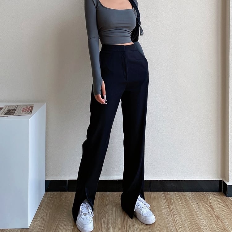 ラフパンツ ボトムス 長ズボン スラックス スウェット スリット ワントーン カジュアル 抜け感 レトロ フレアパンツ スリット ウエストゴム セミフレア ハイウエスト ストレッチ