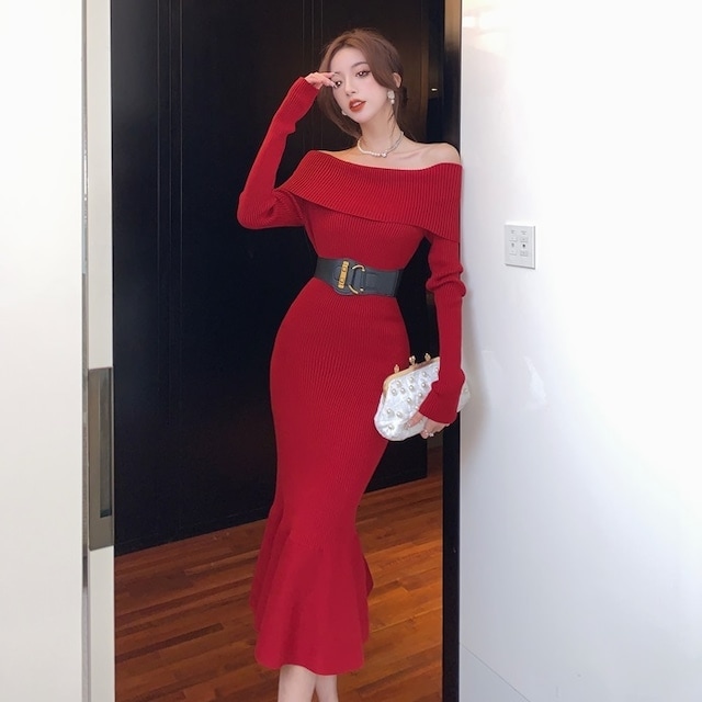 レディース ニット ワンピース マーメイドラインワンピース 肩見せ オフショルダー 長袖 お呼ばれ フォーマル パーティー デート