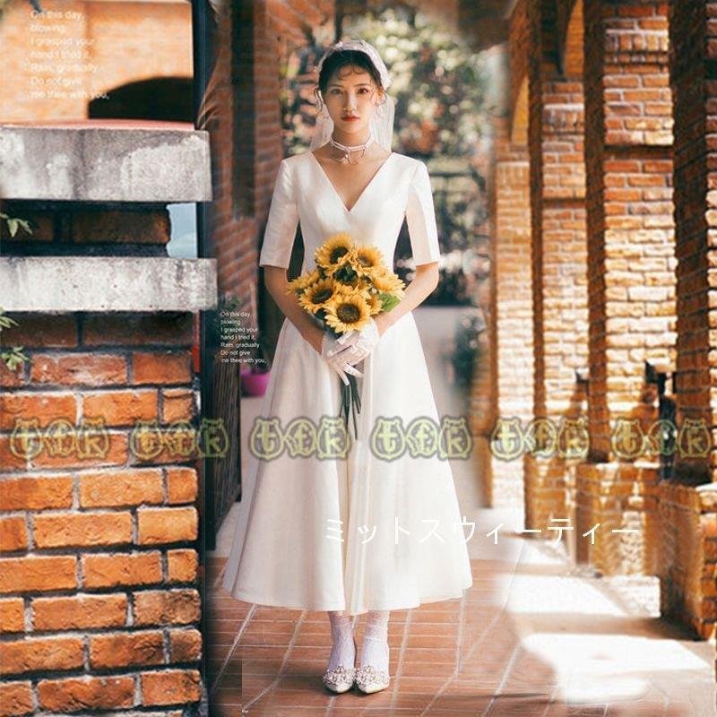 ウエディングドレス 5分袖 ウェディングドレス 二次会 ドレス 花嫁 Aライン 白 ワンピース 結婚
