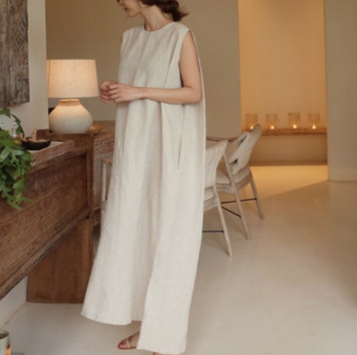 ワンピース フレア ミモレ ノースリーブ クルーネック ストレート サイドスリット シンプル 大人可愛い きれいめ ラフ ルーズ 春 夏 マタニティ ママ デート お出かけ リゾート S XL