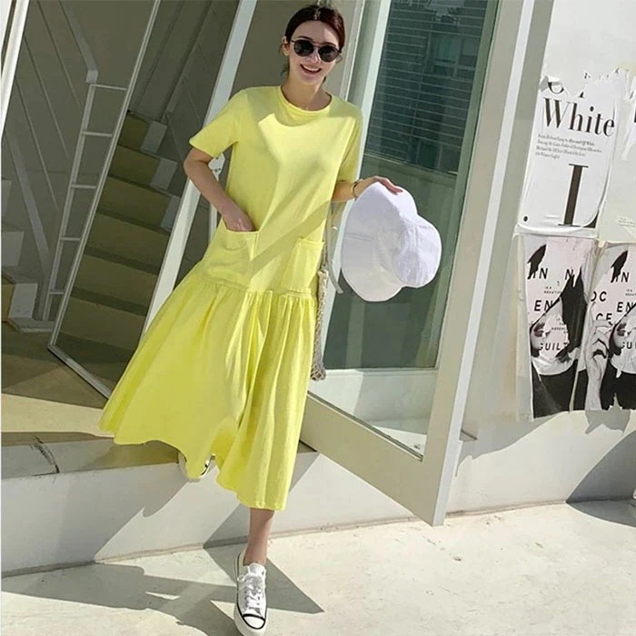 人気の新作 切り替え ワンピース 半袖 レディース 夏 イエロー ポケット ロング丈 マキシ丈 コットン ギャザー ロングワンピ マキシワンピ ゆったりめ 夏 ワンピース リゾート 海 プール 黄色