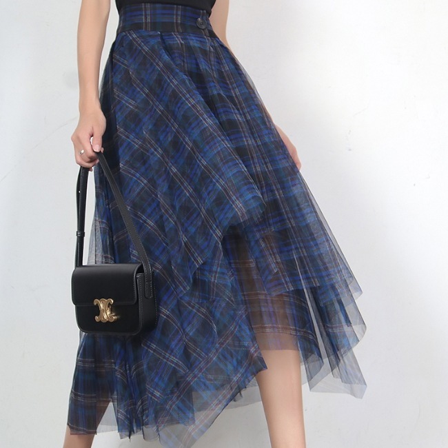 スカート レディース ミドル丈スカート 大きいサイズ ミドル丈 アシメトリー チェック柄 チェック ブルー 青 ふんわり フリル ファッション 夏 サマー 着やせ 美脚 ハイウエスト Aラインスカート