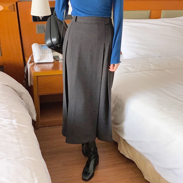 韓国ファッション ヘリンボーン 裏バンディング ピンタック ロング スカート 5,848円