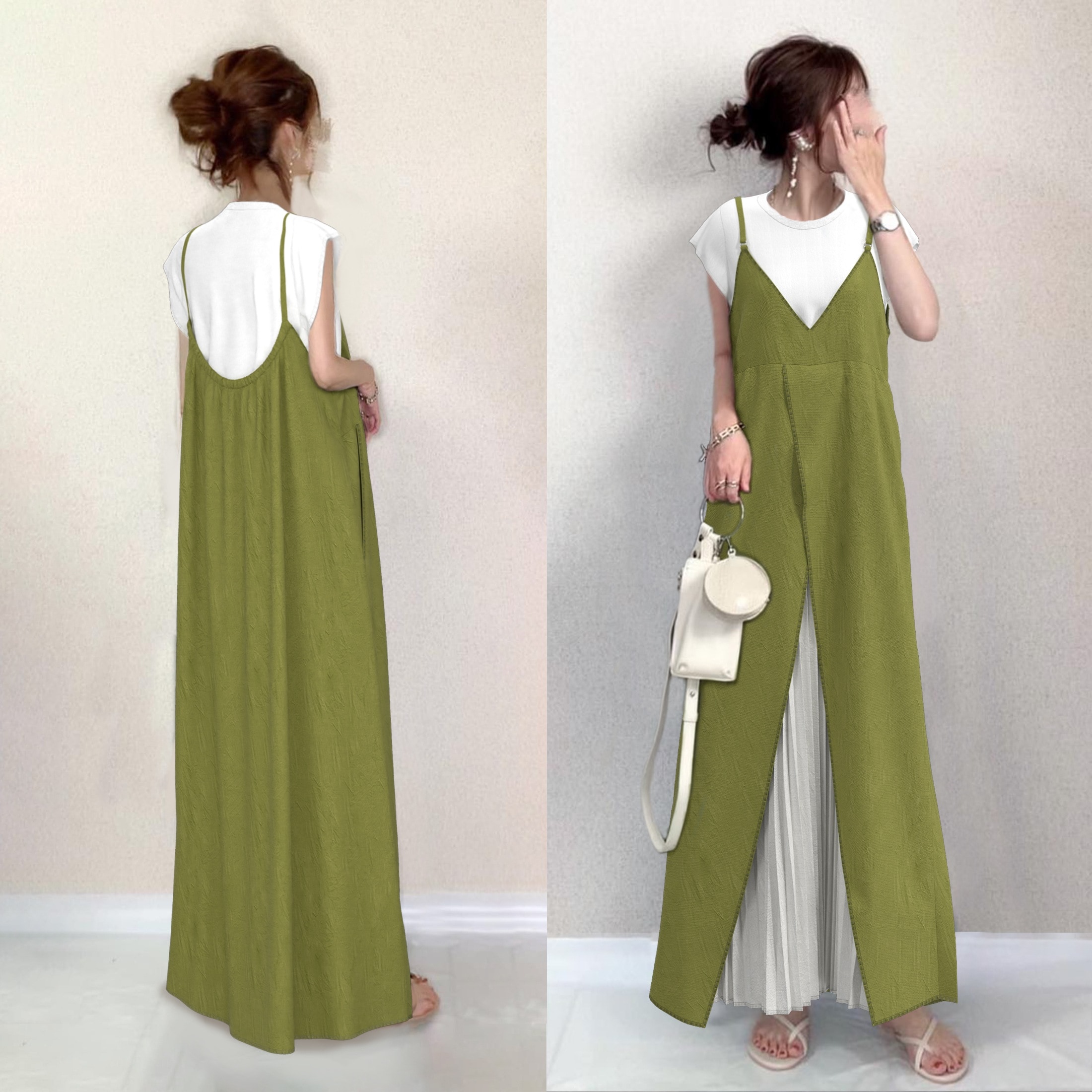 【着た瞬間 即お洒落見せ！】 楽ちんなつけ心地 ラウンドネック 半袖 Ｔシャツ ジャンパースカート 切り替え 配色 2点セット 4,974円