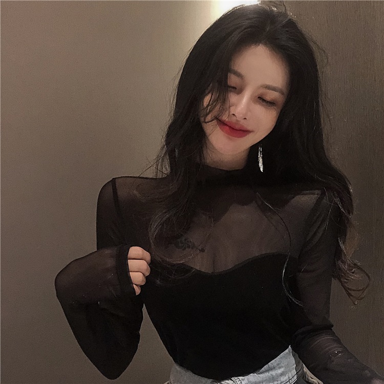 トップス カットソー 袖あり 長袖 スタンドカラー ハイネック チュール 切り替えデザイン ドッキング 透け感 シースルー 薄手 異素材MIX 大人可愛い きれいめ 大人 おしゃれ お洒落 かっこいい