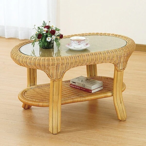 ラタンテーブル 籐家具 オーバル ガラス天板 幅79cm