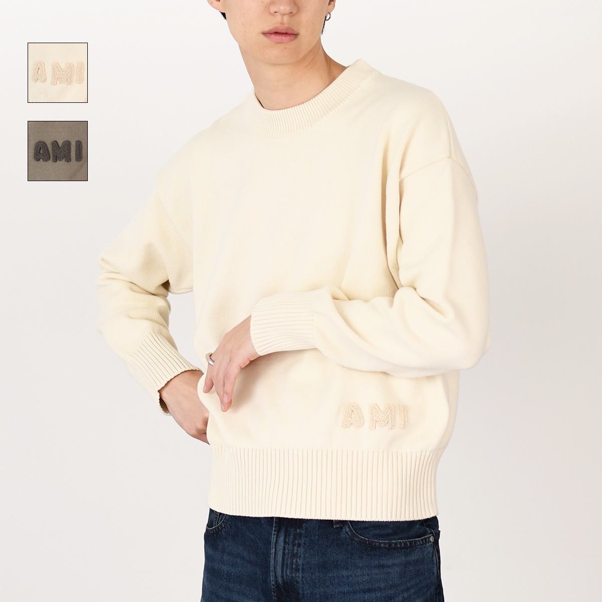 AMI ALEXANDRE MATTIUSSI アミパリス ニット セーター トップス Ami エンブロイダリー クルーネック HKS163 KN0063 メンズ グレー オフホワイト 長袖 リブ