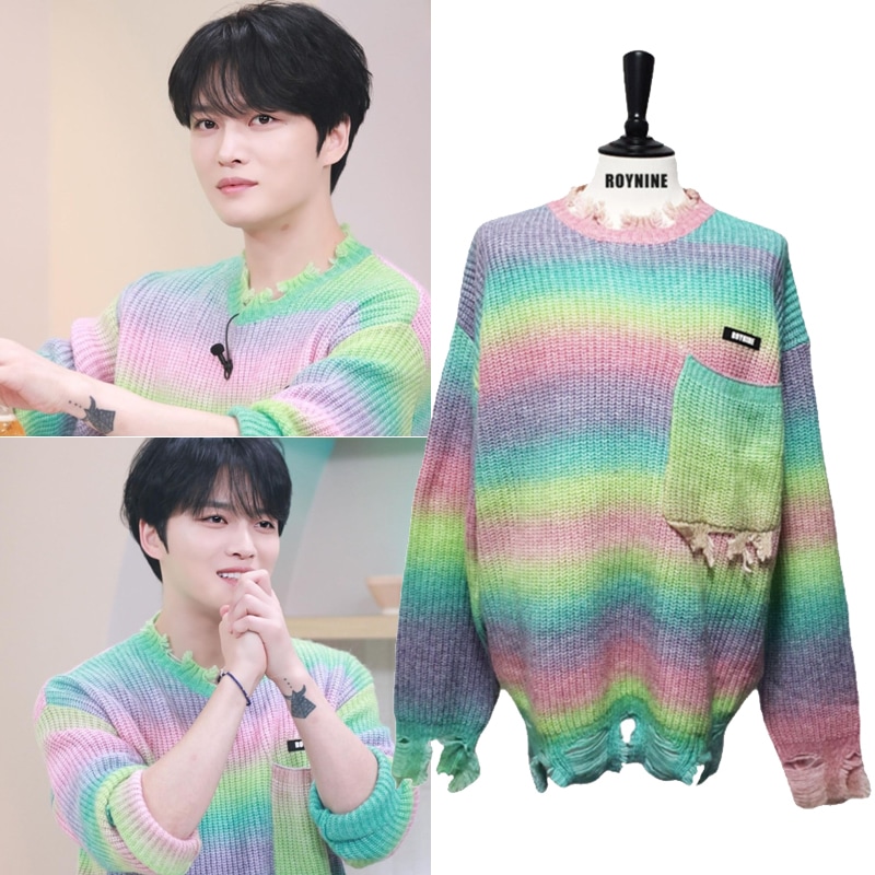 ジェジュン着用 マルチカラー ダメージ ニット セーター 長袖Tシャツ