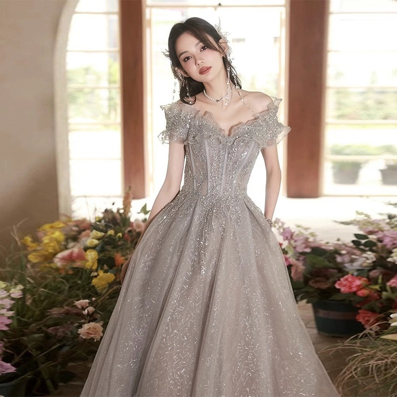 イブニングドレス女性重工業2024ワンショルダー気質プリンセススタイル誕生日成人式ドレス