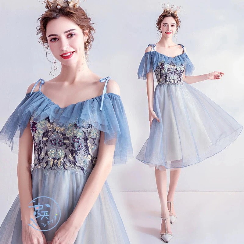 ウェディングドレス プリンセスドレス パーティードレス 花嫁ドレス 膝丈ワンピース レディース Aライン 刺繍 花柄 肩出し 結婚式 パーティー 高級 卒園式 大人