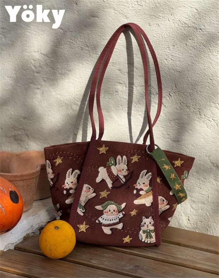 早い者勝ち うさぎ刺繍コットントート可ショルダー大容量通勤通学用
