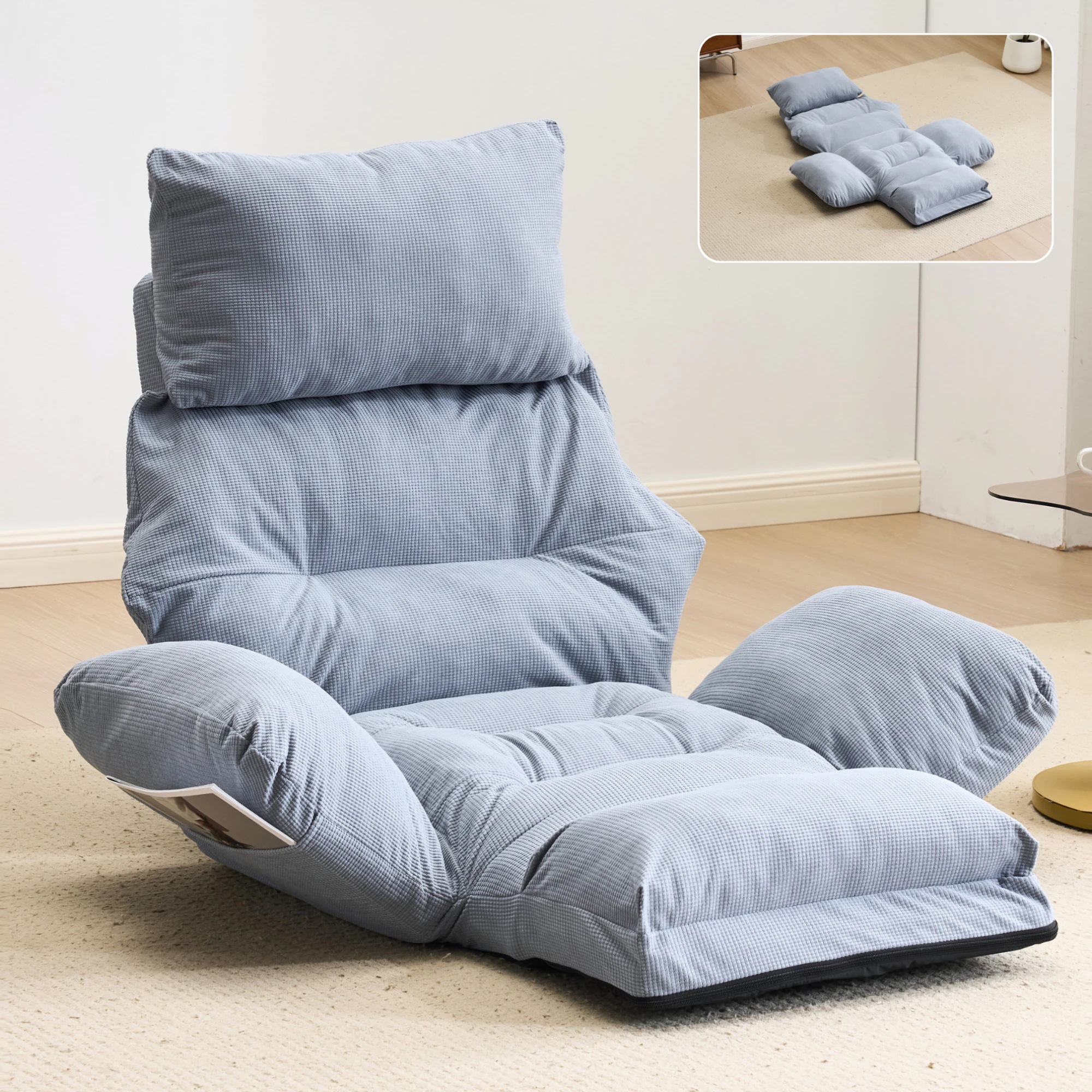 【安心保証付き243】座椅子 ソファーベッド 一人掛けソファ 可愛らしいデザイン 背もたれ6段調整可能 足元6段階調節　弾力性抜群　2WAY 1人掛け　シンプル 折りたたみ式 フロアソファー 寝る 座