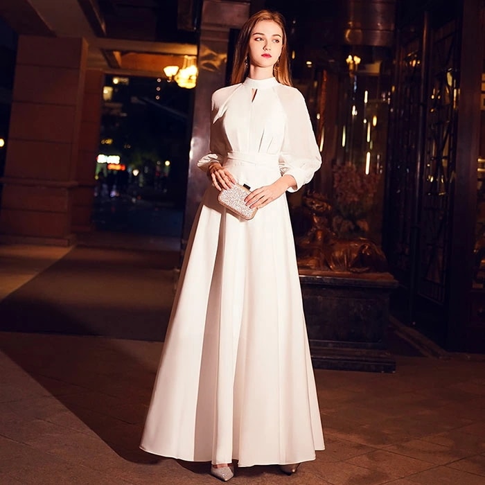 新上市セラーパーティードレス 袖あり ロングドレス 演奏会 白 カラードレス イブニングドレス 演奏会用ドレス フォーマルドレス カクテルドレス 花嫁 結婚式 Ａラインドレス 大きいサイズ ワンピース