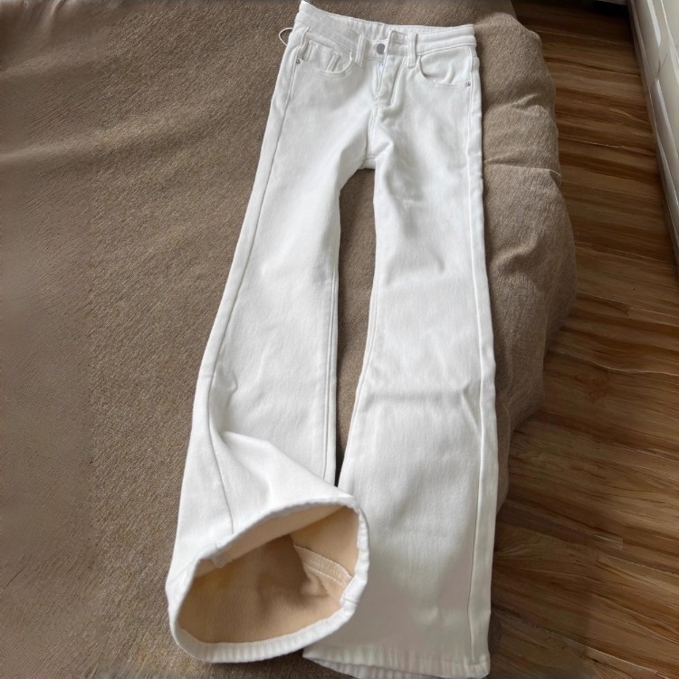 レディース ホワイト フレア ジーンズ新しい秋冬スタイルフリース裏地ハイウエスト デザイン小柄な体型に似合うスリムなワイドレッグ フレア パンツ