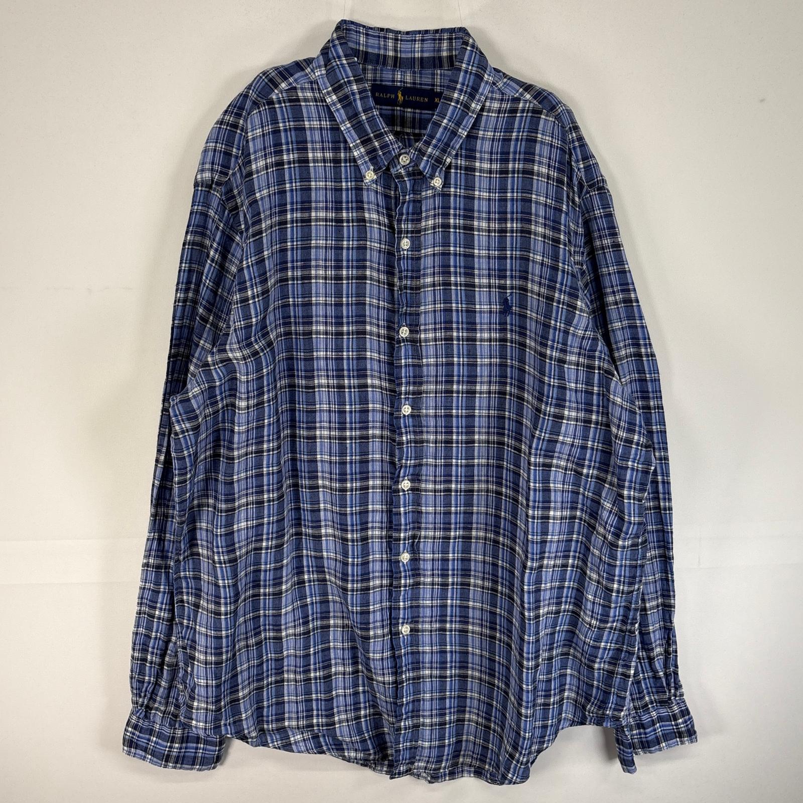 古着 長袖シャツ ロゴ 刺繍 大きいサイズ チェック リネン XL ネイビー系 マルチカラー メンズ