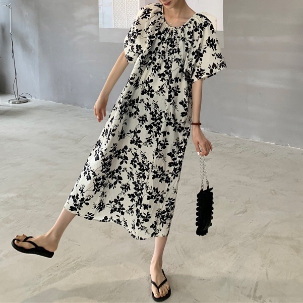 ワンピース 半袖 春夏 かわいい ロング aライン シャツワンピース aライン Aライン フレア ロング ロング丈 マキシ マキシ丈 9分丈 アンクル丈 ボリューム袖 ボリュームスリーブ Uネック ラ