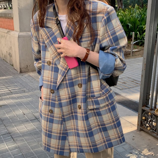 【送料無料】レディース チェック柄ミドル丈ジャケット ダブルブレスト ルーズ ポケットスーツ