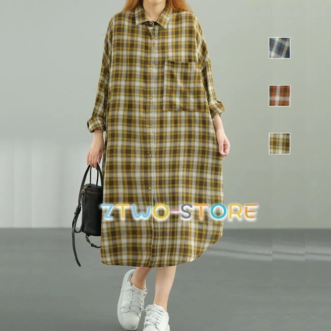 シャツワンピース ワンピース チェック柄 チェックシャツ ビッグシルエット ロング丈シャツ シャツ ゆったりワンピース