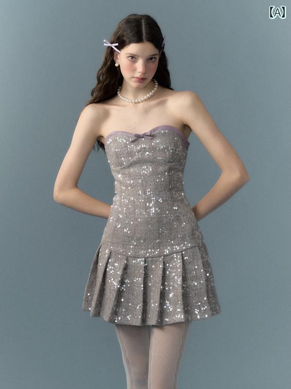 レディース　ドレス　ワンピース RunRunSweet スパンコール チューブ トップ ウエスト プリーツ スカート ドレス パーティー バースデー 9,623円