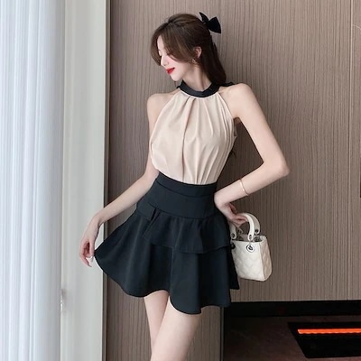 フランス式 セット2025夏 肩を出して首をかけますチョッキ上着フリル フリル 半身スカート2着 女性