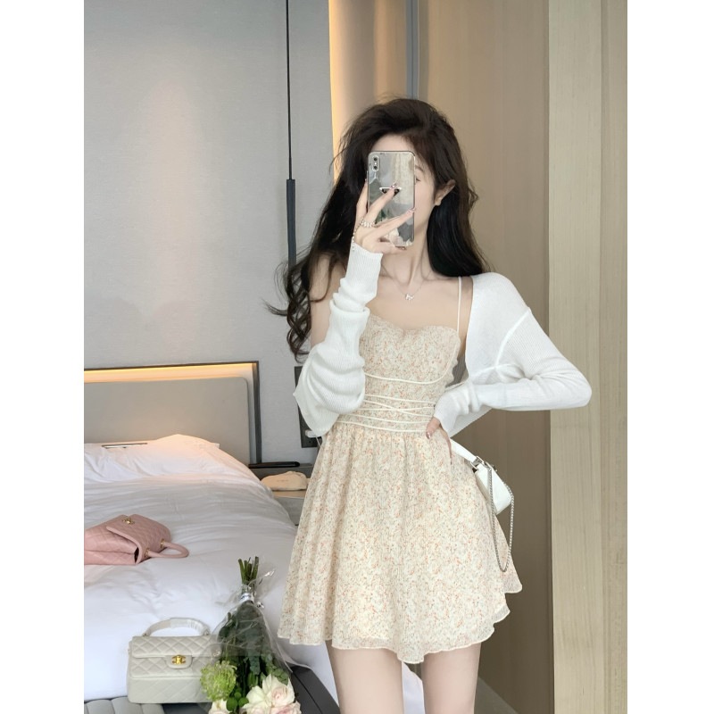 ピュアスイートスパイシーサスペンダー花柄ドレスレディース夏ウエスト痩身気質ハイエンドショートスカート