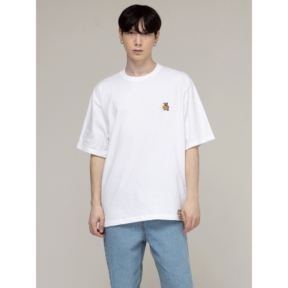 グレイバーフラワーベアスマイルエンブロイダリー半袖Tシャツホワイト