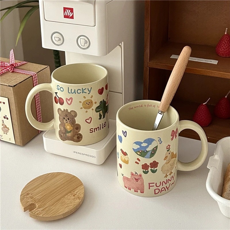 【20点セット】【送料無料】insかわいい子供向けキャラクター落書き陶磁器カップ朝食カップコーヒーカップ大容量マグカップギフトボックス入り