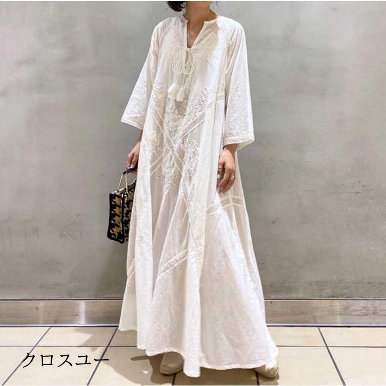 ワンピース レディース ロング丈 ロングワンピース 七分袖 長袖 花柄 きれいめ ワンピ ラウンドネック 刺繍 春 夏 秋 大きいサイズ カジュアル