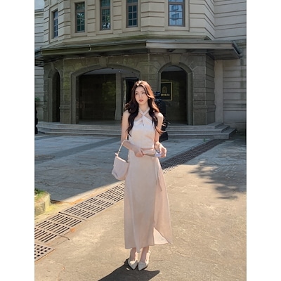 MULVANチャイニーズホルターネックキャミソールトップ+ストラップAラインスカートドレープロングスカートハイエンドテンポラメントセット