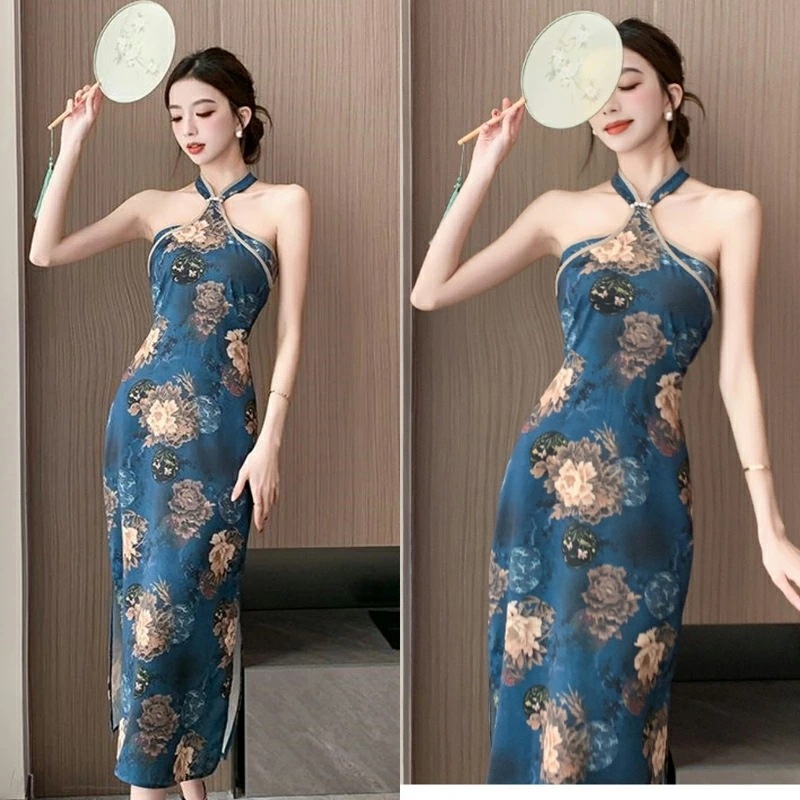 チャイナドレス ロングチャイナ セクシー セクシーチャイナ キャバ チャイナドレス チャイナ ロング ドレス コスチューム コスプレ 衣装 パーティー イベント インスタ 撮影 アイドル紺地花柄プリ