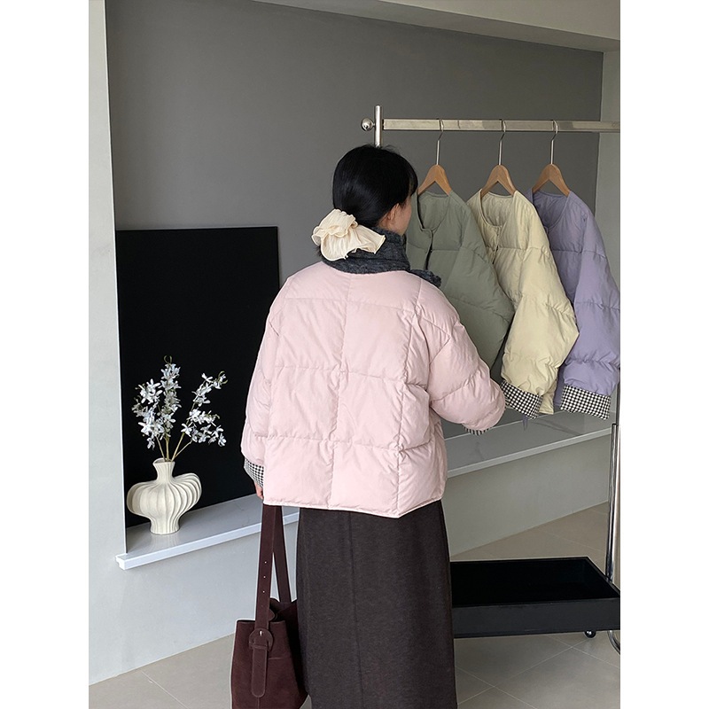 江左シュガーパフ韓国チェック柄コントラストカラー 90 ホワイトダックダウンレディース冬ルーズカジュアルショートコットン服 1253