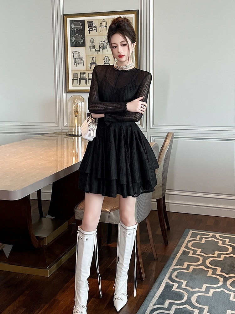 秋冬 ファッション長袖 ドレス ハイウエスト 透かし彫り ショートワンピース キャバ 卒業式 結婚式 ウェディング 二次会 パーティードレス ワンピース