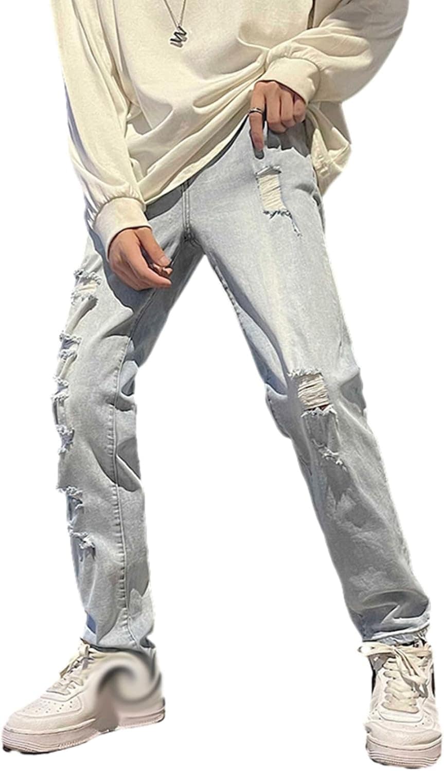 デニムパンツ ジーンズ メンズ ダメージ加工 細身 ストレート ロングパンツ 大人 かっこいい 個性 薄手 男性 ズボン hiphop トレンド 厚い 立体裁断 定番 リラックス オールシーズン バイ 6,017円