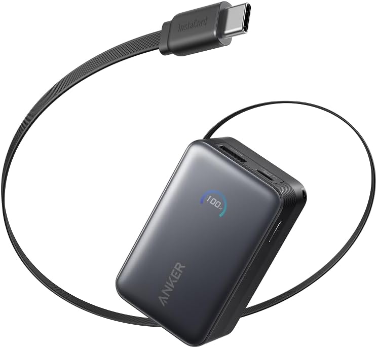 Anker Nano Power Bank (10000mAh, 45W, 巻取り式 USB-Cケーブル) 10000mAh 45W出力 LEDディスプレイ搭載USB-Cケーブル一体型巻取り式ケーブル