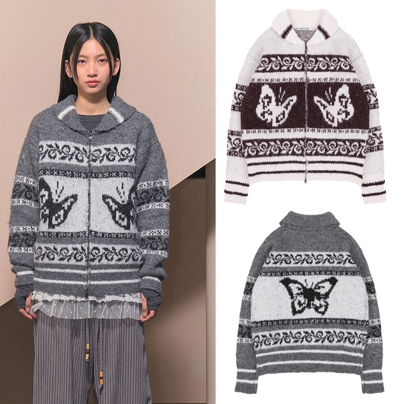 [FANCY CLUB] PEPE COWICHAN KNIT ZIP-UP / IVORY/ GRAY