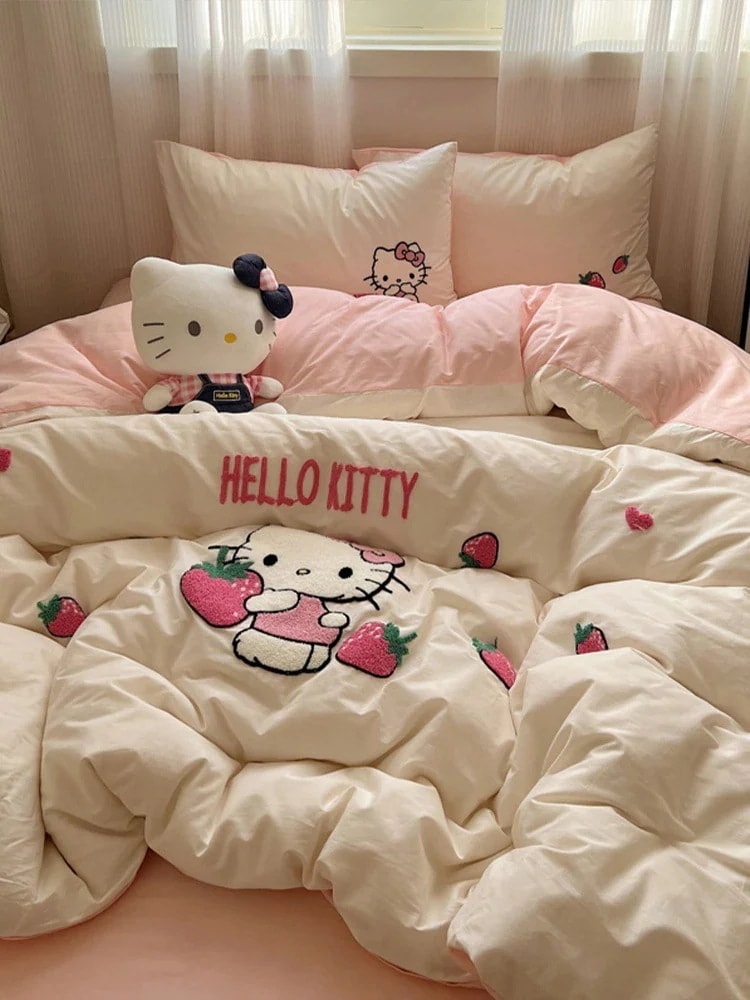 [3日出荷]かわいいピンクのハロー4点コットンキルトカバーシートドミトリーベッド3点セットhello Kt