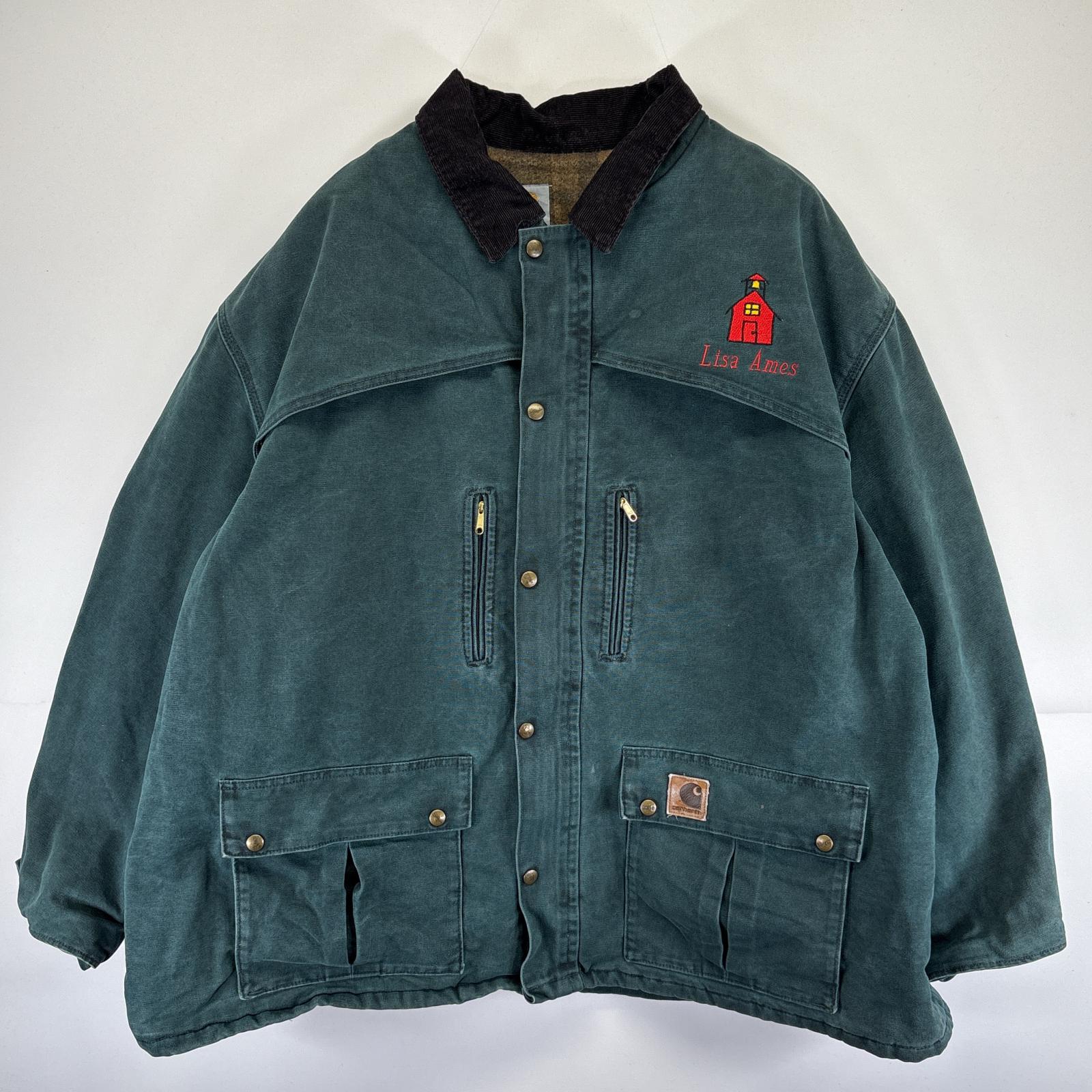 古着 USA製 ワークジャケット ダック カバーオール フルジップ ロゴ刺繍 大きいサイズ 4XL グリーン系 メンズ