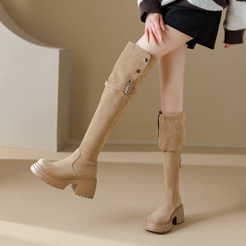 靴底が厚い女性用秋冬ハイヒールオーバーニーブーツ小柄な人向けのナイトブーツを高めベルベットの太い脚大きな筒周り太いmm幅の拡張