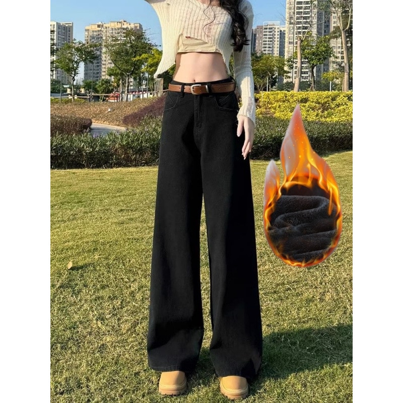 秋と冬プラスベルベットブラックのワイドレッグナロージーンズ女性用ハイウエストルーズで汎用性の高い痩身ストレートレッグ小柄なフロアレングスのモップパンツ