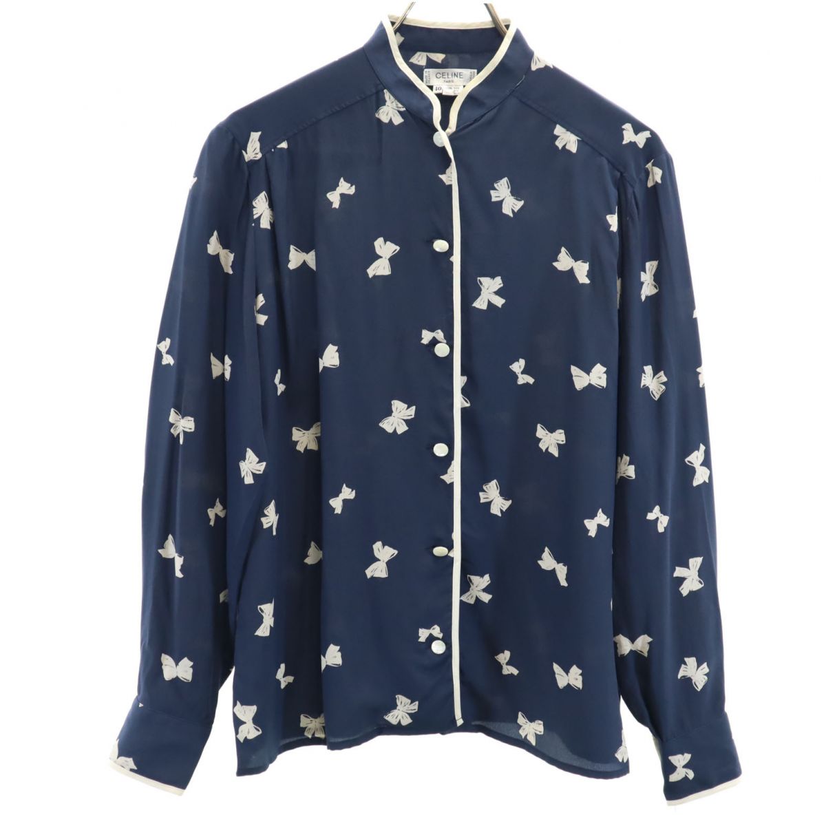 シルク100％ オールド リボン柄 長袖 シャツ 40 ネイビー系 レディース