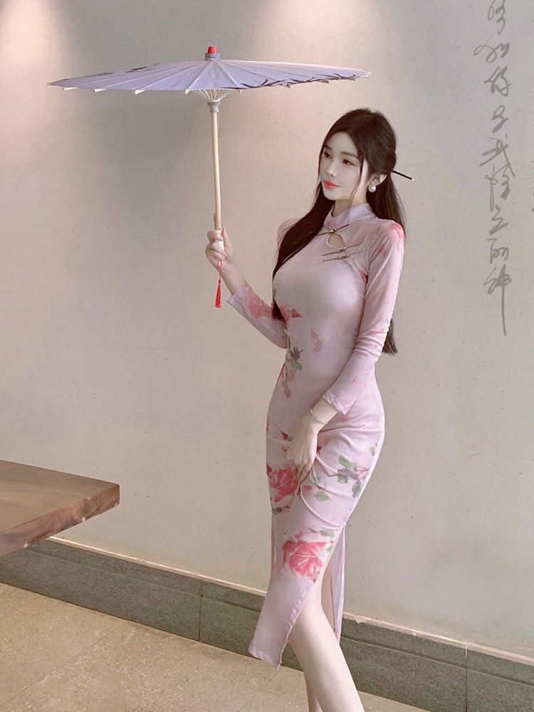 新風軽国民風改良チャイナドレス女性用初春ヤングスタイルスリムフレンチ花柄ヒップハグロングスカート